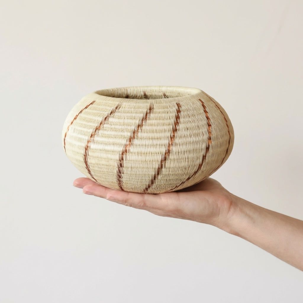 mini decorative woven basket white palm fiber copper spiral patterns handmade indigenous art