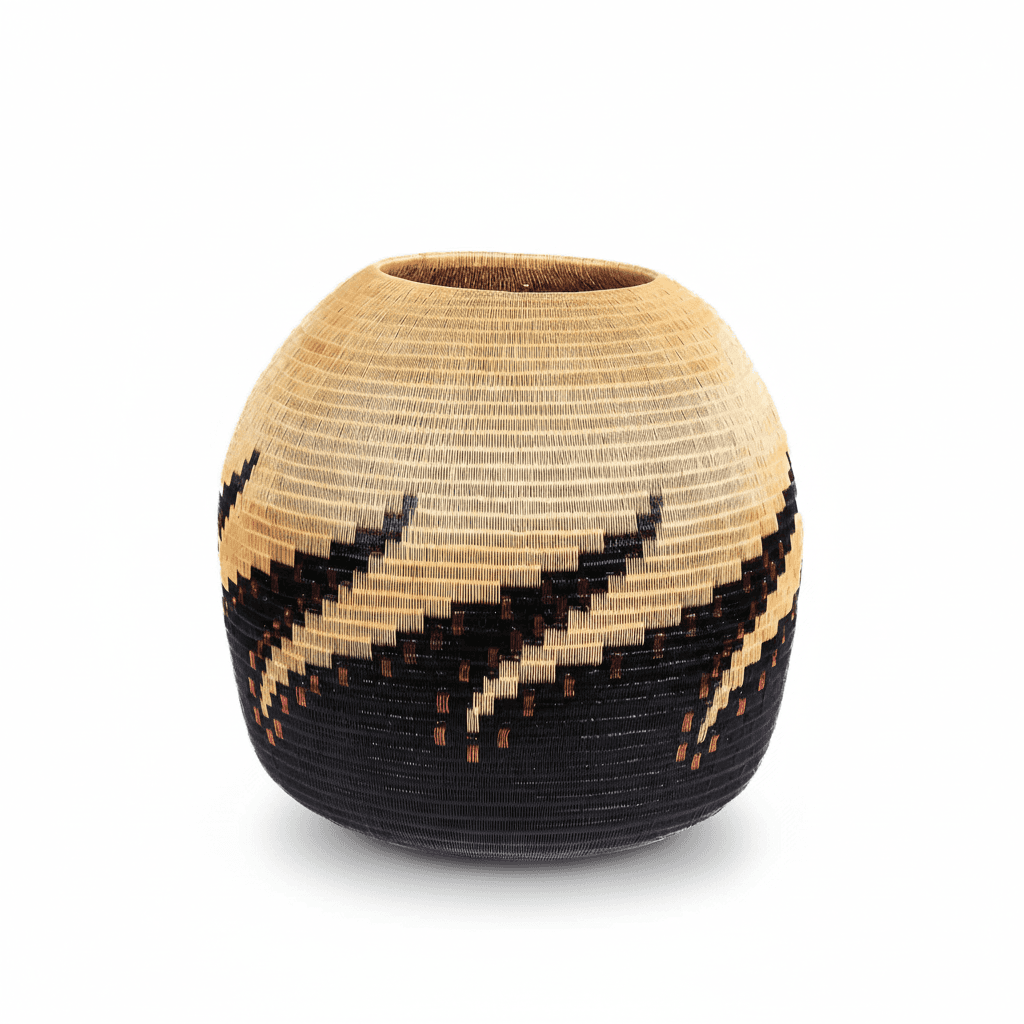 Side view of woven vessel showing three-dimensional octopus form in natural palm fiber