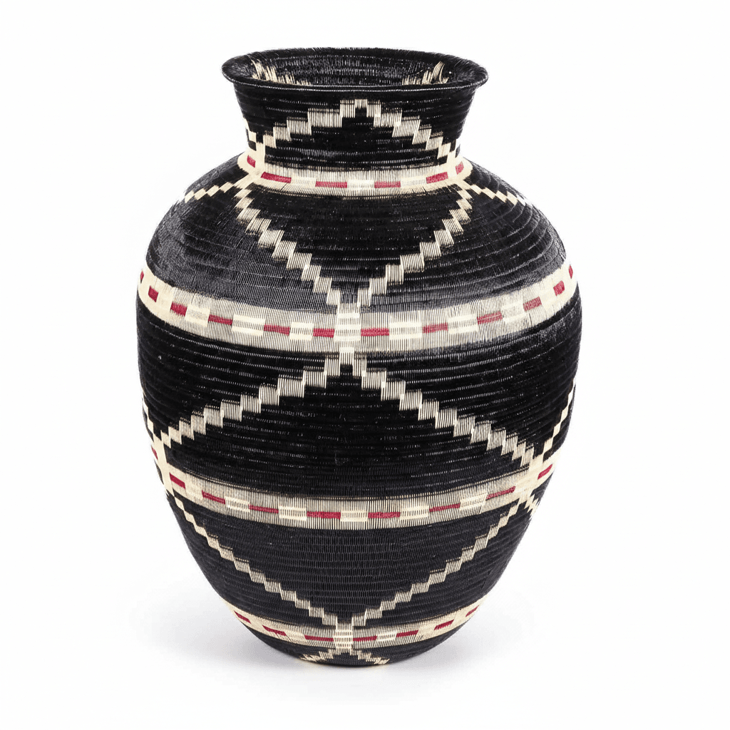 Side view of handwoven Colombian basket showing circular geometric pattern in natural palm fiber dyes