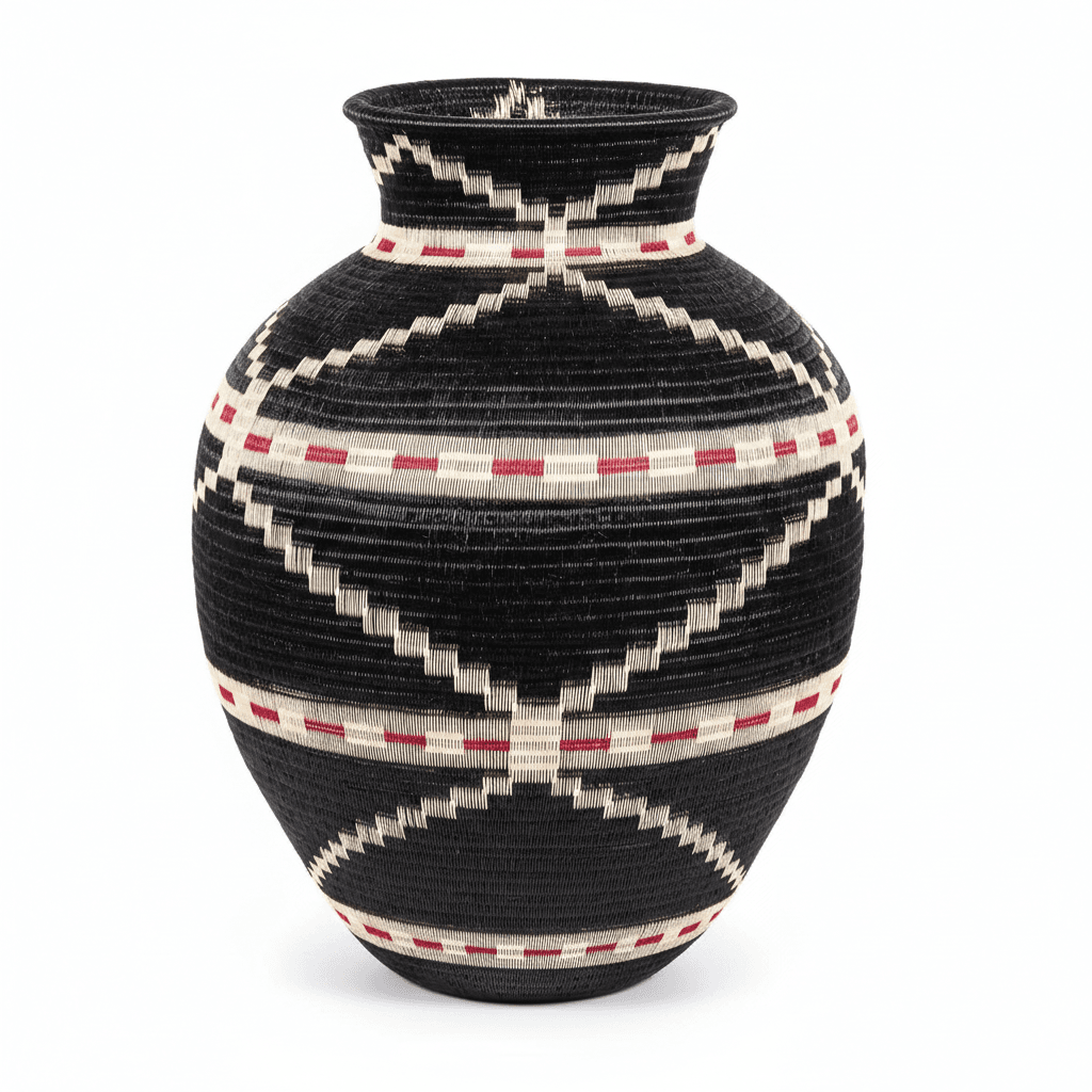 Side view of handwoven Colombian basket showing circular geometric pattern in natural palm fiber dyes