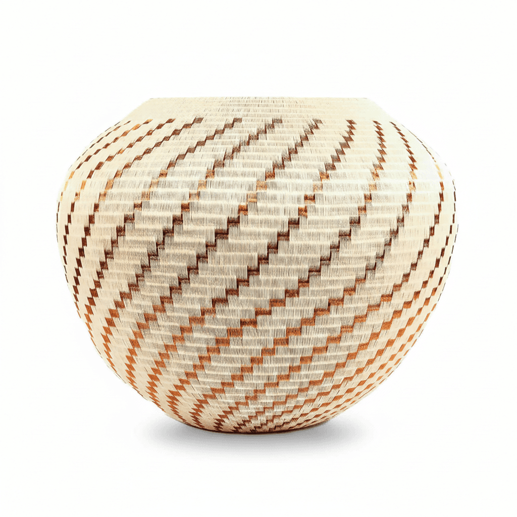 side view of Wounaan basket showing complete copper flame spiral pattern
