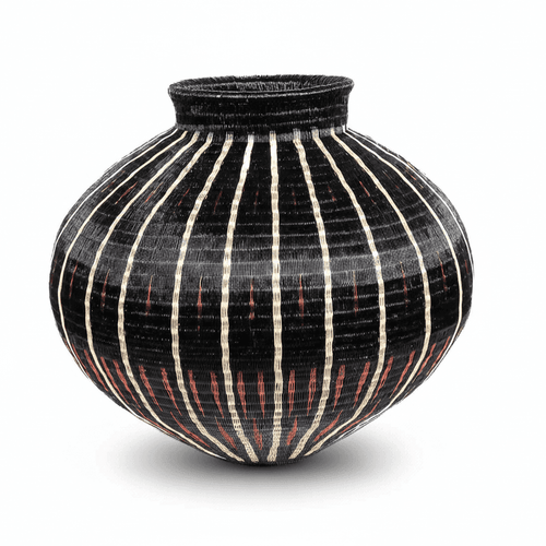 Diagonal ember pattern decorative woven basket by Wounaan artisans from Panama Darién rainforest