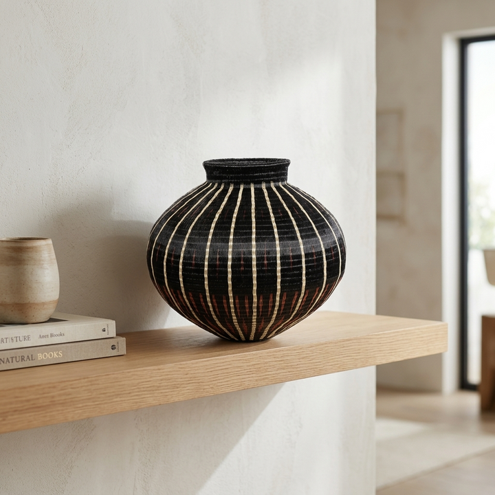 Diagonal Ember Basket - Handwoven Palm Fiber Decorative Art