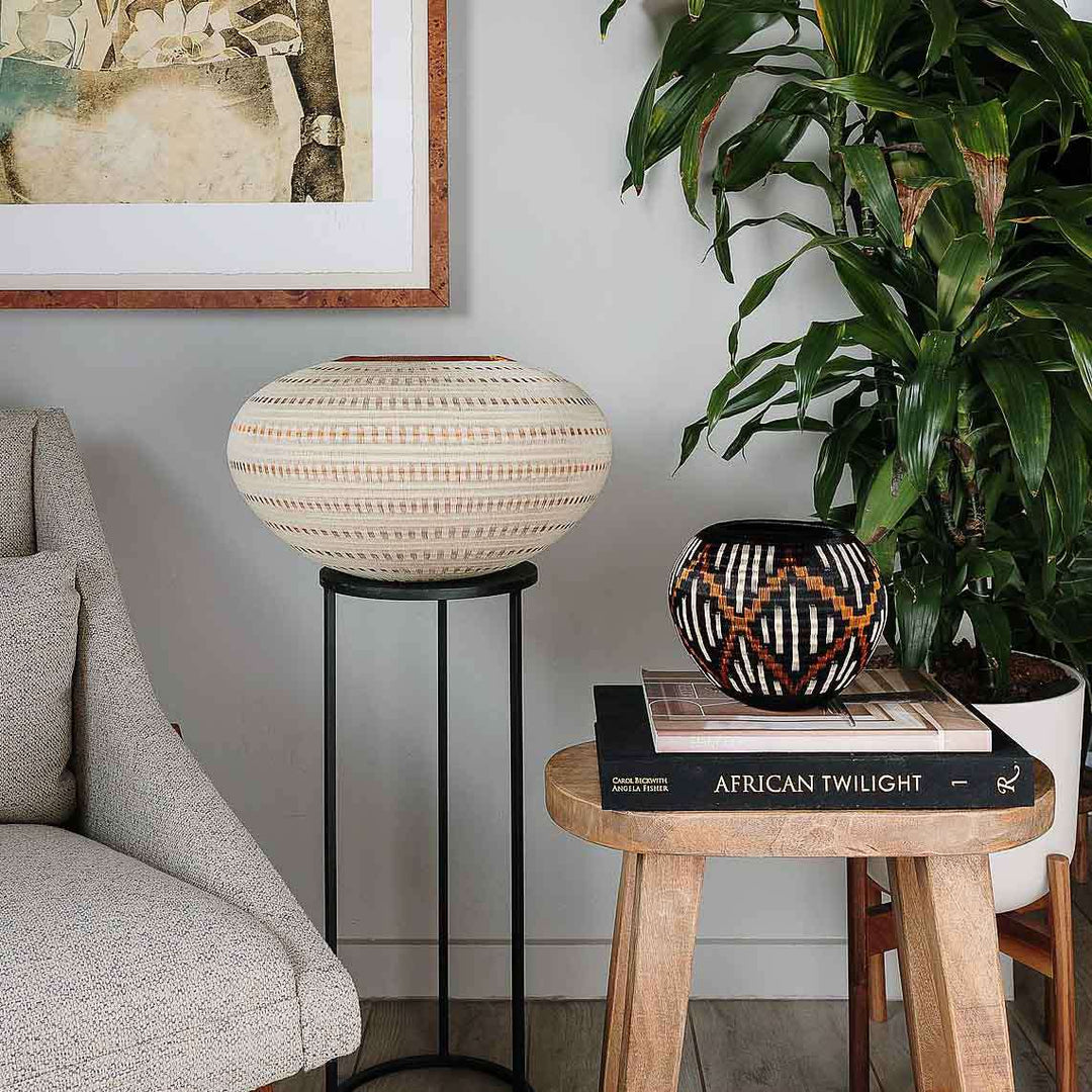 Woven basket accent decor displayed in modern contemporary interior setting