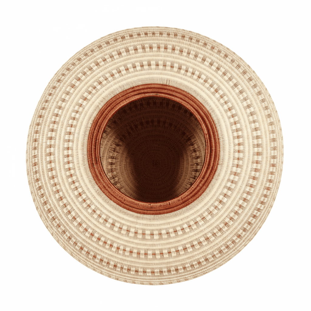 top view of handmade basket showing three-dimensional vessel form and cascading vertical current design