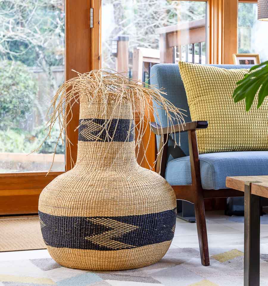 Tall Collar Hairy Basket – geometric motif – woven basket – baskets – handwoven in Ghana