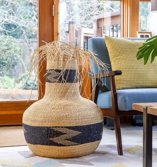 Tall Collar Hairy Basket – geometric motif – woven basket – baskets – handwoven in Ghana