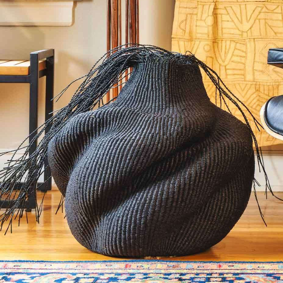 Hairy Black Wavy Basket – geometric motif – woven basket – baskets – handwoven in Ghana
