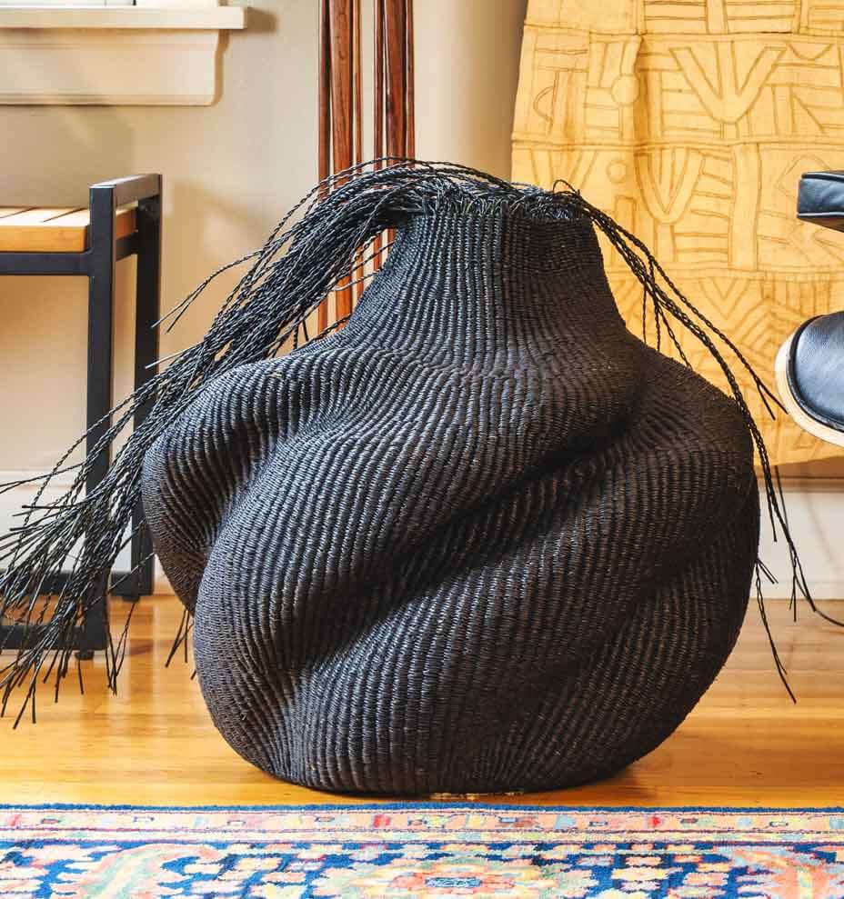 Hairy Black Wavy Basket – geometric motif – woven basket – baskets – handwoven in Ghana