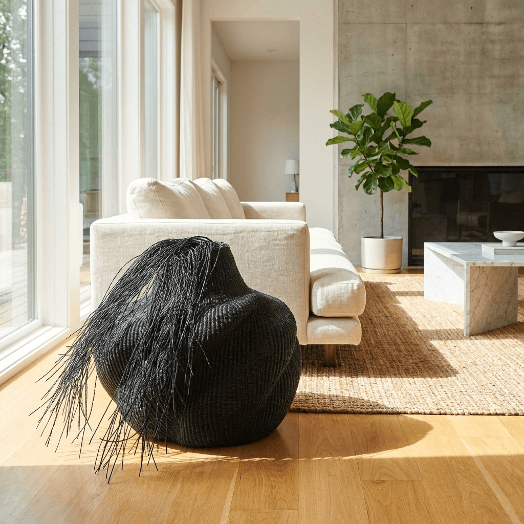 Decorative black wavy basket displayed as accent piece in modern living room interior