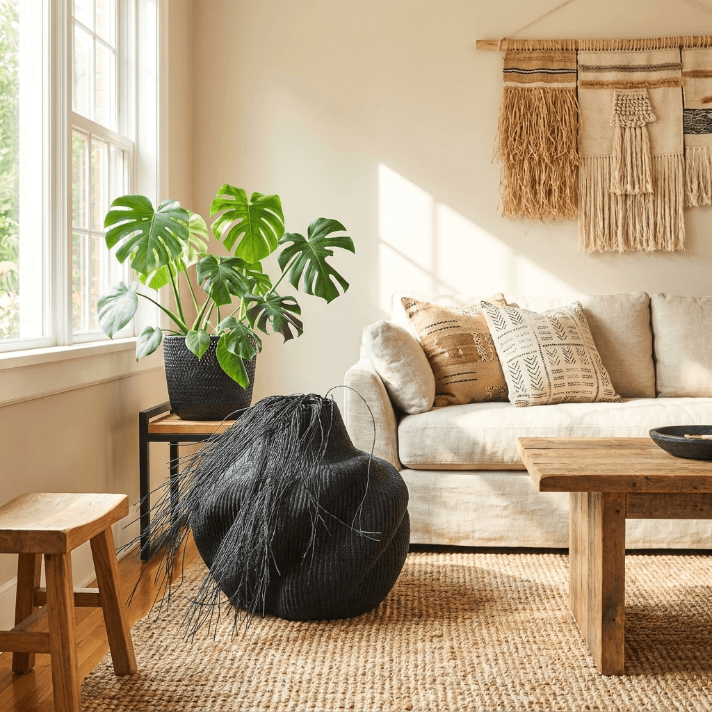 Decorative black wavy basket displayed as accent piece in modern tribal room interior
