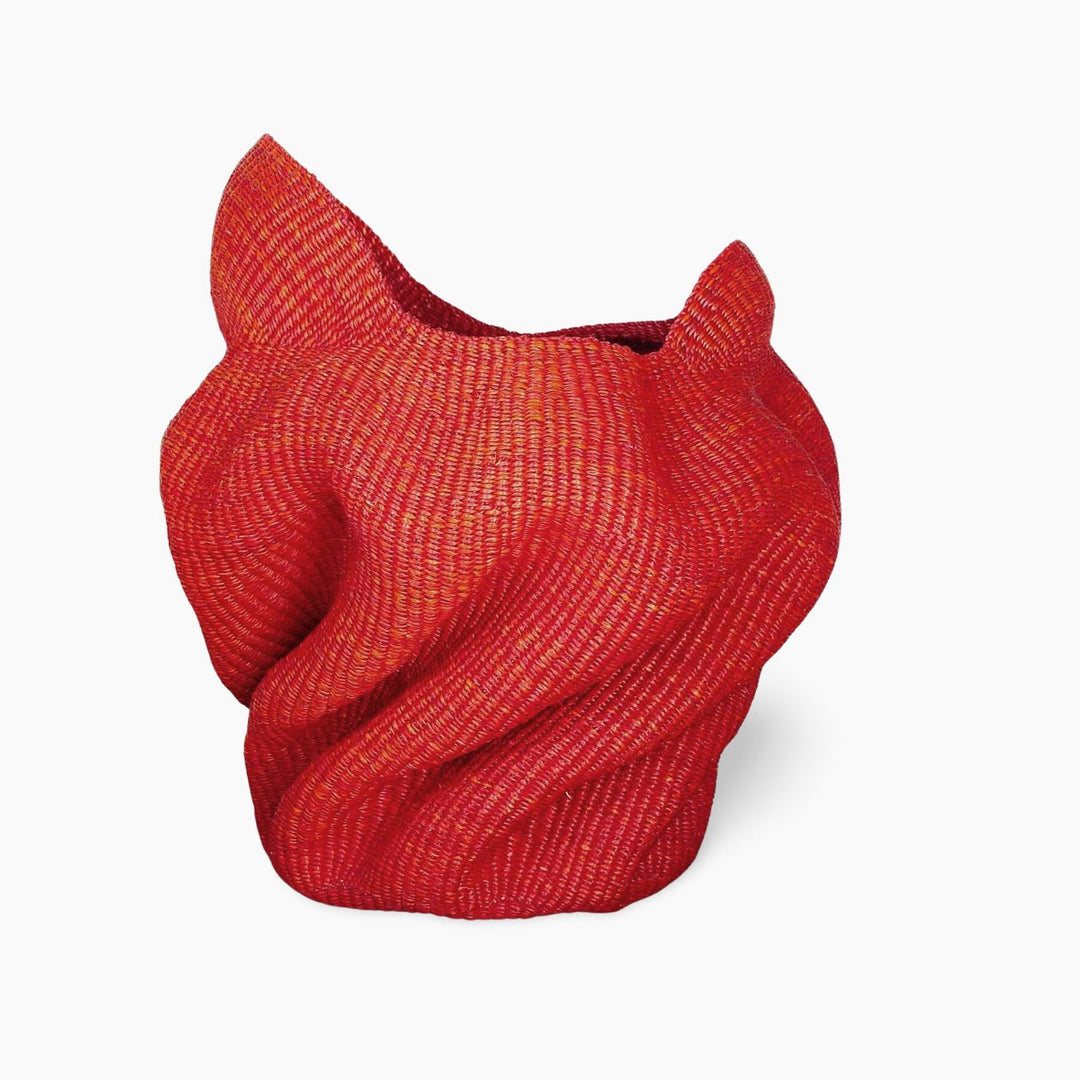 Crimson Wave Handmade Basket - Sculptural Ghana Woven Decor