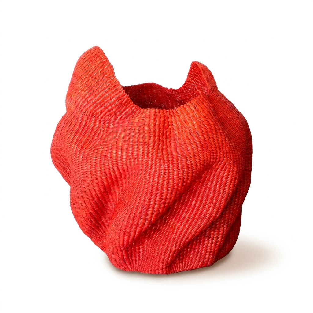 Red wavy sculptural basket, alternate angle on white