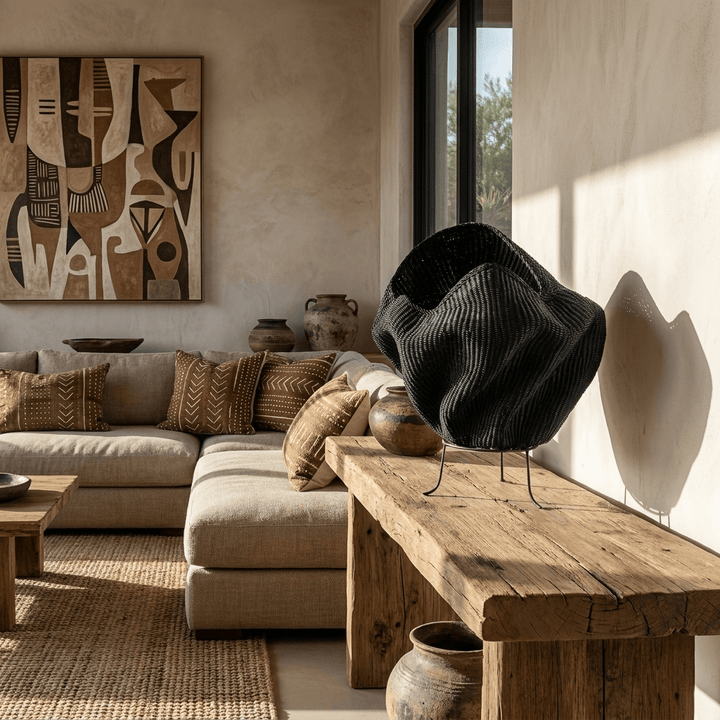 Dark indigo sculptural woven vessel on a wood bench in a room with graphic wall art