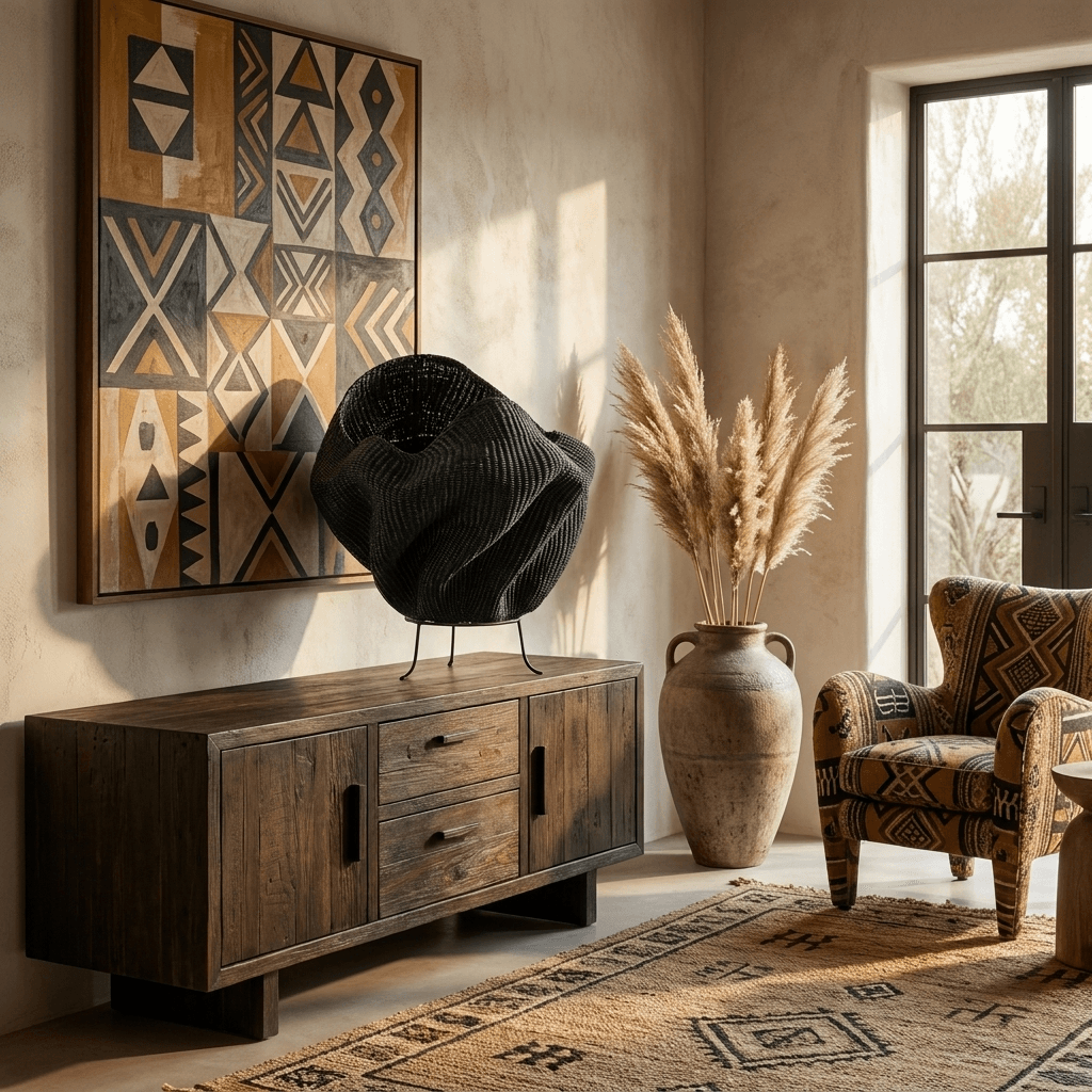 Dark indigo sculptural woven vessel on a wood console below patterned wall art