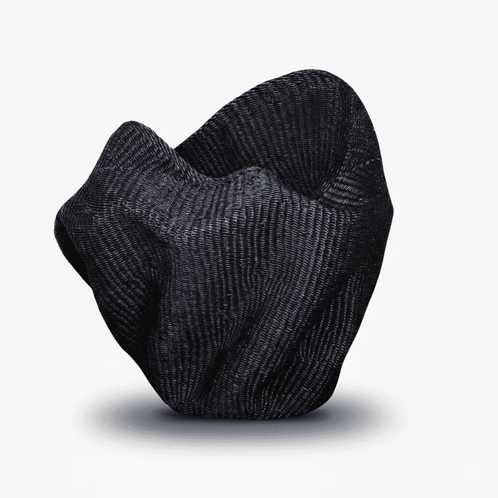 Side angle showing curved wave silhouette and dimensional form of woven basket