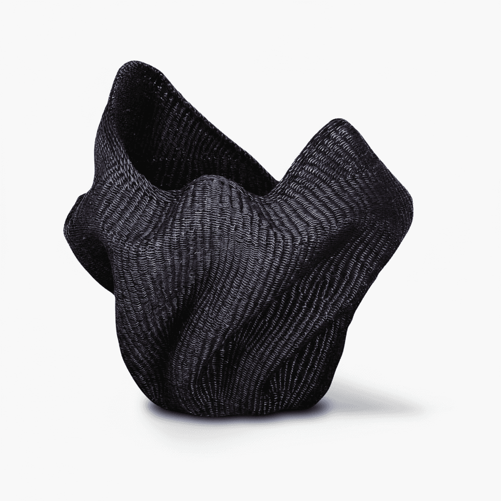 Side angle showing curved wave silhouette and dimensional form of woven basket