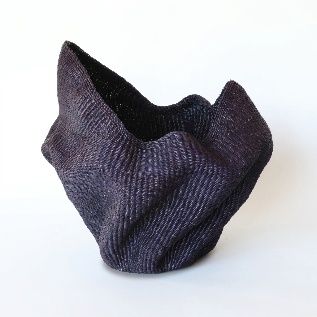 Indigo wavy sculptural basket, third angle on white