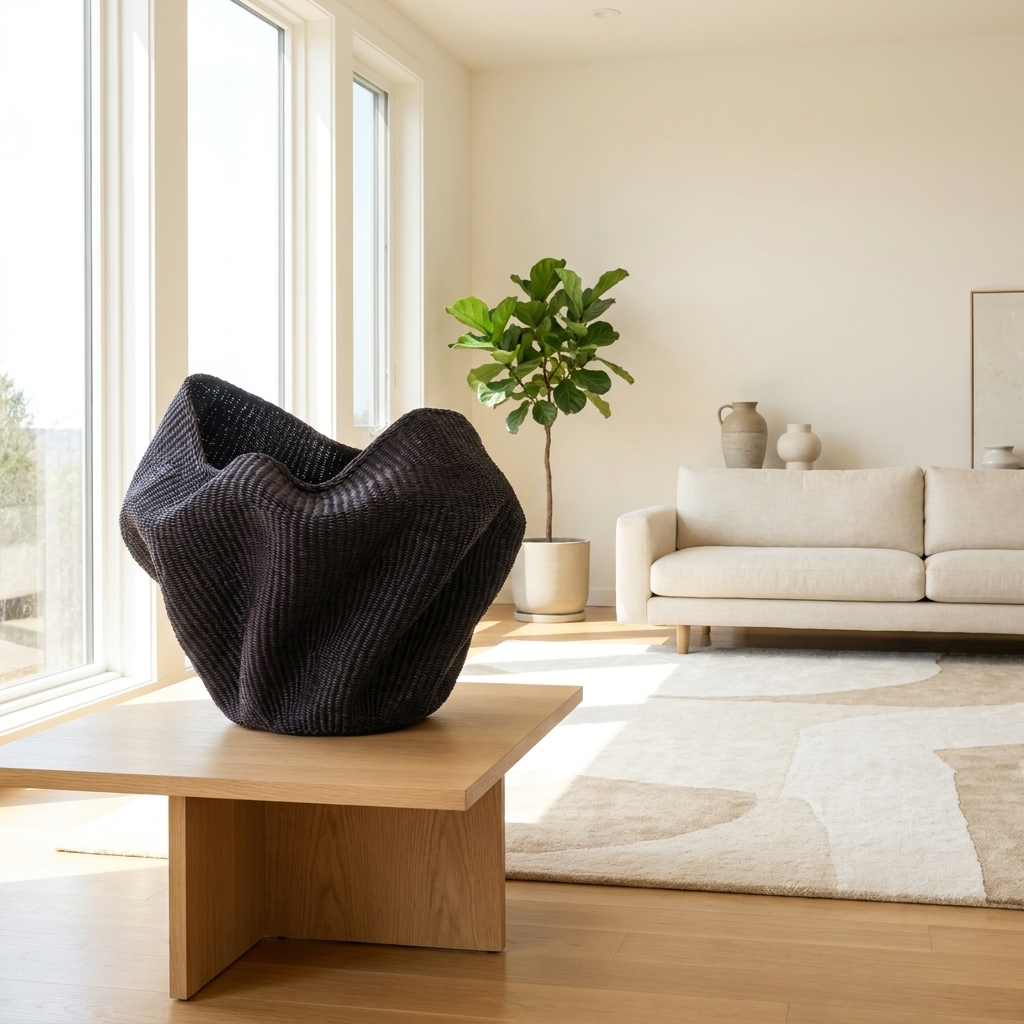 Dark indigo sculptural woven vessel on a low wood table in a bright living room