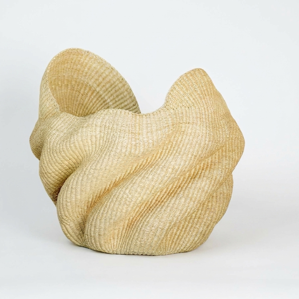 Natural wave sculptural basket with twisted folds, on white