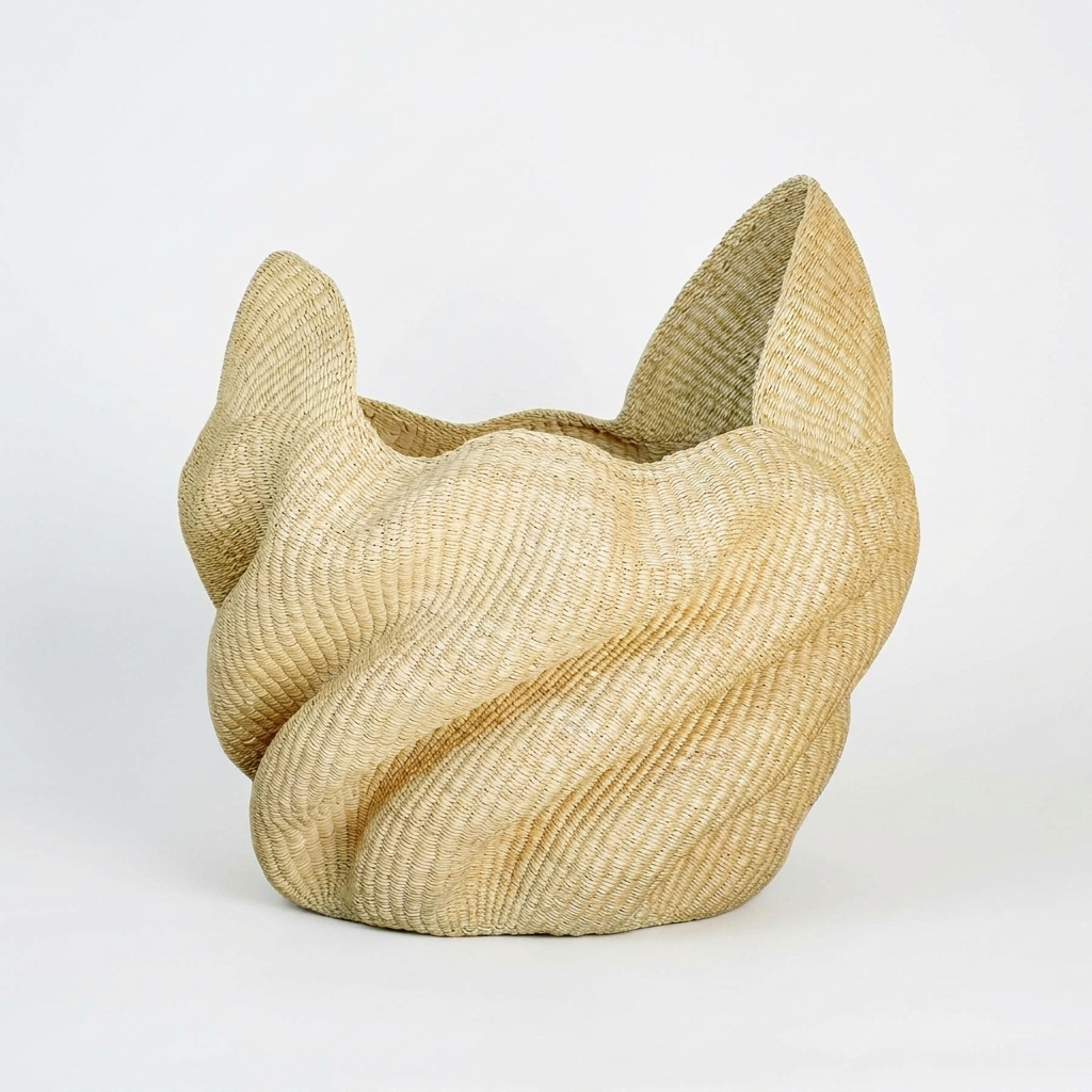 Natural wave sculptural basket with folded peaks, alternate angle on white