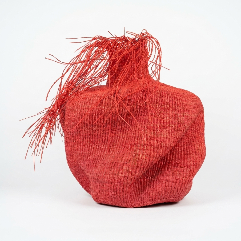 Sculptural red woven vessel with a spiky red fringe, angled view on white