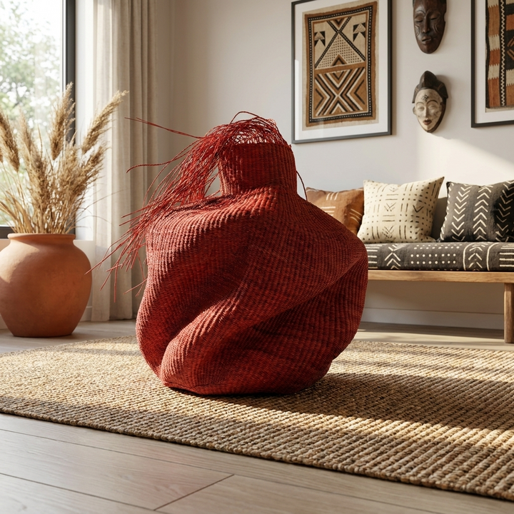 Sculptural red fringed woven vessel on a jute rug in a styled living room