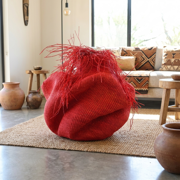 Hairy Red Wavy Basket | Rust Coil, Handwoven Ghana