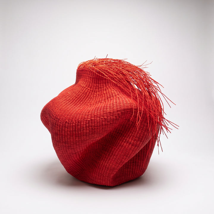 Hairy Red Wavy Basket - Oxblood Wave, Handwoven Ghana