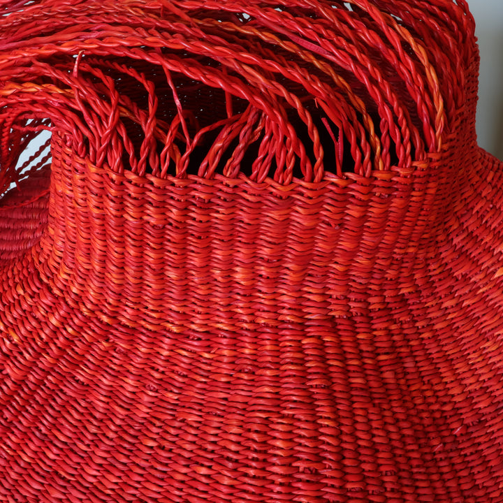 Hairy Red Wavy Basket - Oxblood Wave, Handwoven Ghana