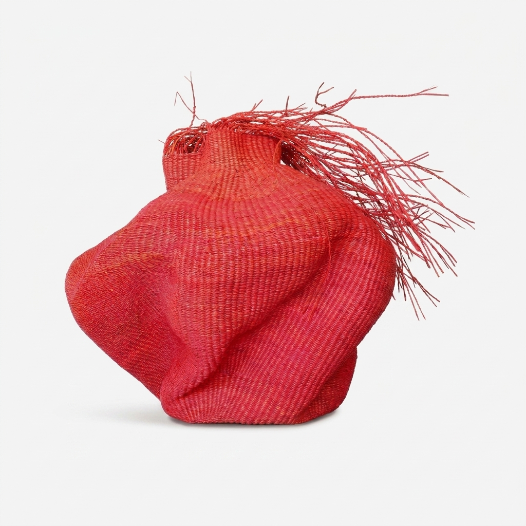 Sculptural red woven vessel with a fibrous fringe, angled view on white