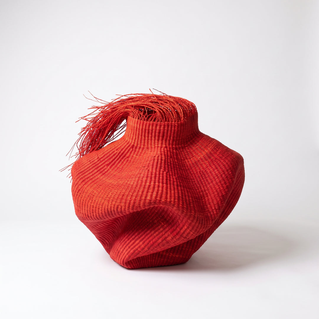 Hairy Red Wavy Basket - Oxblood Wave, Handwoven Ghana