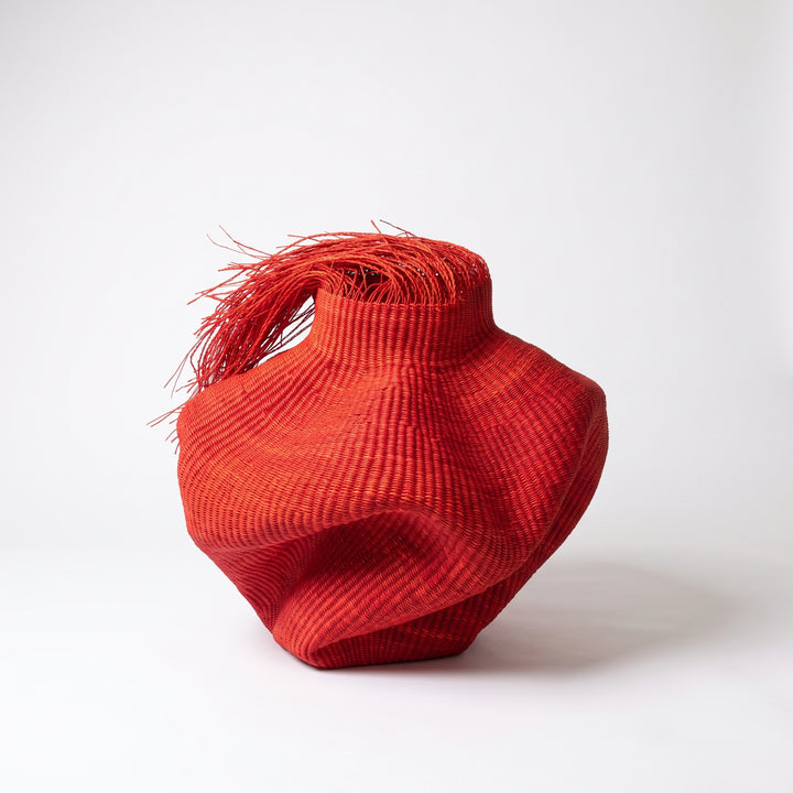 Hairy Red Wavy Basket - Oxblood Wave, Handwoven Ghana