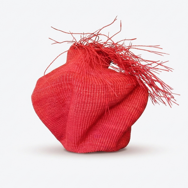 Sculptural red woven vessel with a spiky fibrous fringe on top, on white