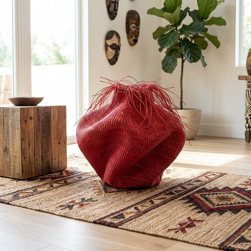 Red sculptural fringed vessel on a patterned rug in a room with wall masks