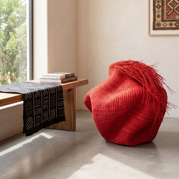 Hairy Red Wavy Basket - Oxblood Wave, Handwoven Ghana