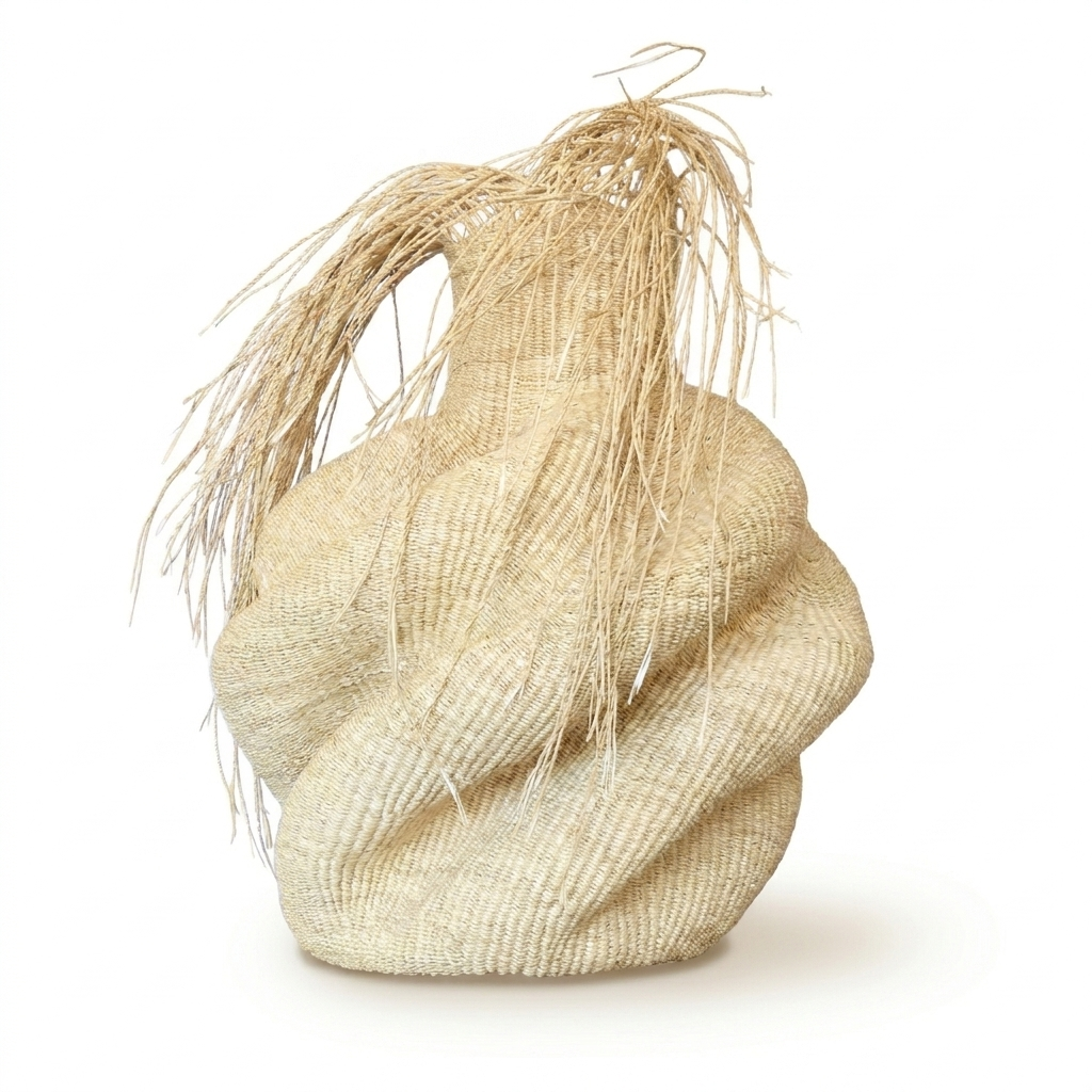 Sculptural natural woven vessel with a shaggy raffia fringe on top, on white
