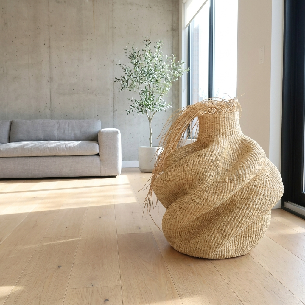 Large natural woven vessel with a wispy fibre fringe on a wood floor in a bright room