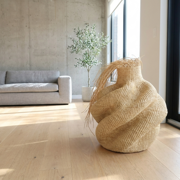 Large natural woven vessel with a wispy fibre fringe on a wood floor in a bright room