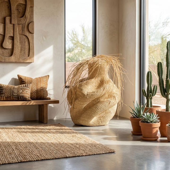 Large natural woven basket with a wild fringed top styled on the floor of a bright room