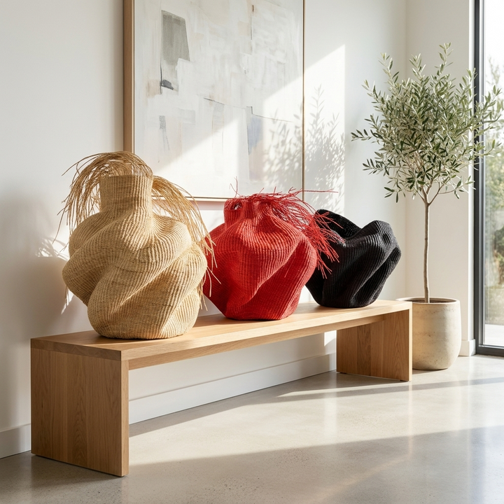Natural, red and black sculptural fringed vessels grouped on a wood bench