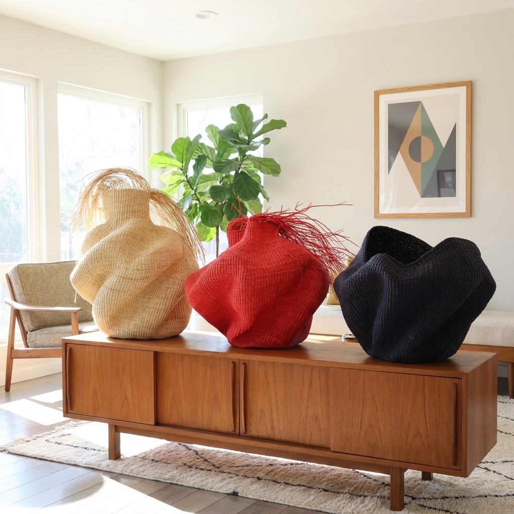 Natural, red and black sculptural fringed vessels grouped on a wood credenza