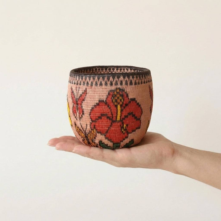 Small open bowl handmade basket with floral flight pattern by Wounaan artisans from Panama