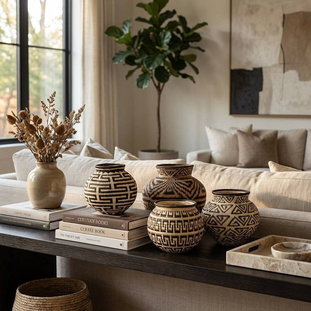 Labyrinth lines woven basket displayed as decorative art in modern interior setting