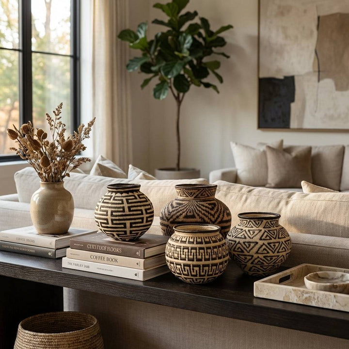 Woven basket console decor featuring Wounaan labyrinth pattern displayed in modern boho interior