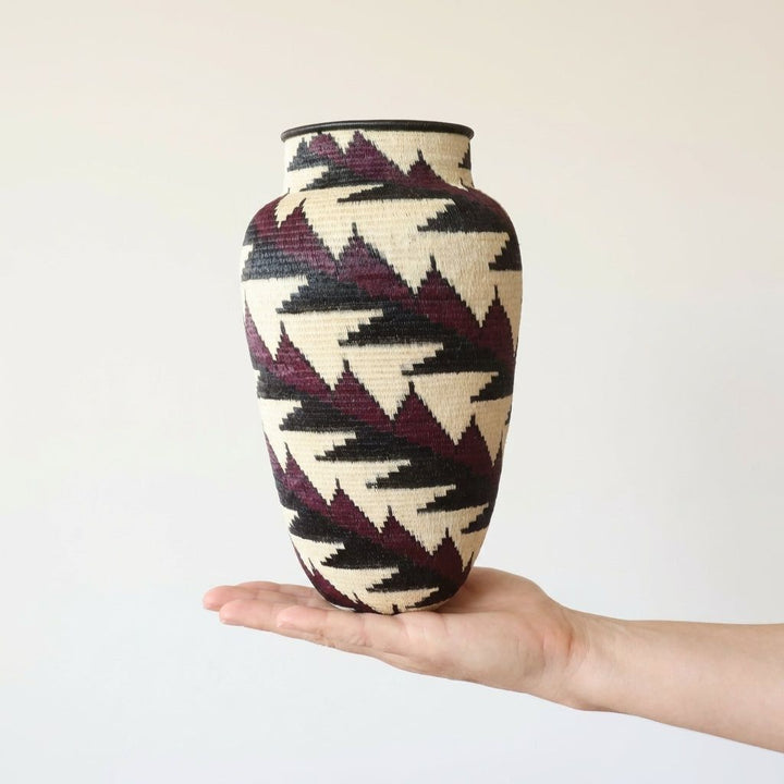 Tall red black feather geometric mini basket handwoven indigenous decorative art piece