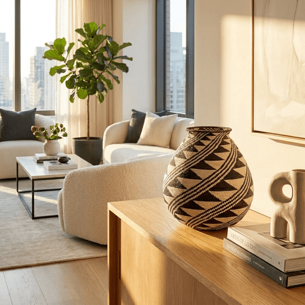 Handmade black feather geometric basket displayed in modern interior decor setting