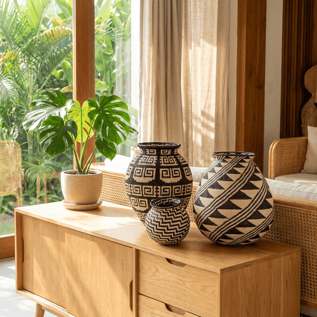 Handmade black feather geometric basket displayed in modern tropical interior decor setting