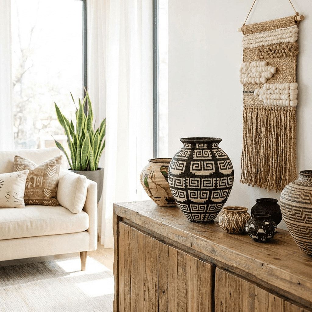 Modern Edged Keys Wounaan basket displayed on contemporary table as decorative woven art piece in modern tribal interior