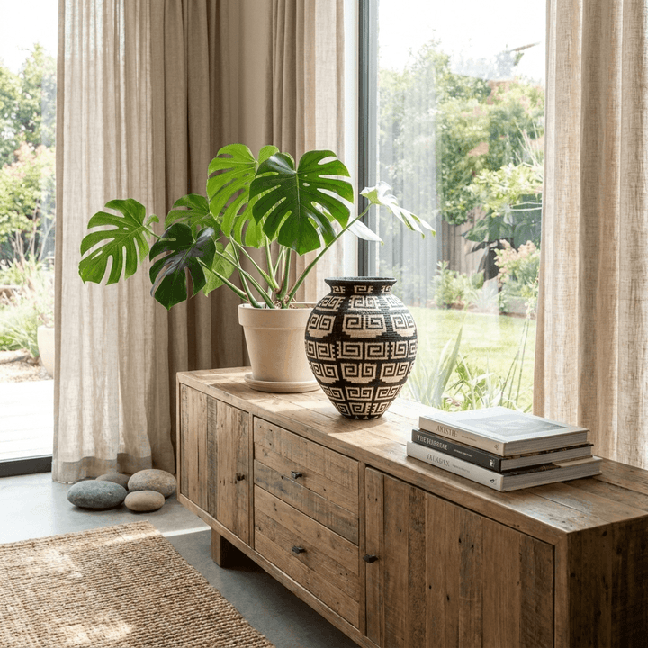 Modern Edged Keys Wounaan basket displayed on contemporary table as decorative woven art piece in organic modern interior